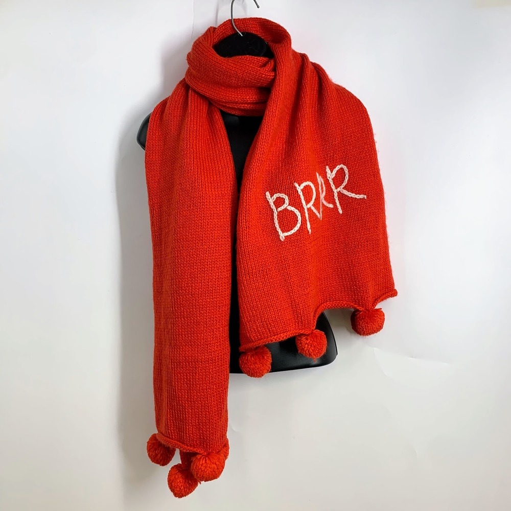 Aerie Orange Knitted Scarf with BRRR Embroidery‎ and Pom Poms One Size